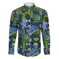 Solomon Islands Meri Kirihimete Family Matching Off Shoulder Maxi Dress and Hawaiian Shirt Pacific Patchwork Xmas Vibes LT9 Dad's Shirt - Long Sleeve Blue - Polynesian Pride