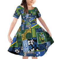 Solomon Islands Meri Kirihimete Family Matching Off Shoulder Short Dress and Hawaiian Shirt Pacific Patchwork Xmas Vibes LT9 Daughter's Dress Blue - Polynesian Pride