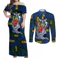 Solomon Islands Meri Kirihimete Couples Matching Off Shoulder Maxi Dress and Long Sleeve Button Shirt Funny Santa Riding Shark LT9 Blue - Polynesian Pride