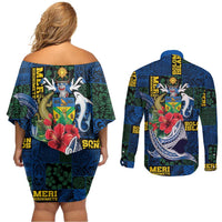 Solomon Islands Meri Kirihimete Couples Matching Off Shoulder Short Dress and Long Sleeve Button Shirt Funny Santa Riding Shark LT9 - Polynesian Pride