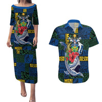 Solomon Islands Meri Kirihimete Couples Matching Puletasi and Hawaiian Shirt Funny Santa Riding Shark LT9 Blue - Polynesian Pride