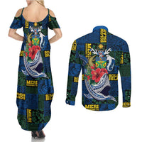 Solomon Islands Meri Kirihimete Couples Matching Summer Maxi Dress and Long Sleeve Button Shirt Funny Santa Riding Shark LT9 - Polynesian Pride