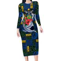 Solomon Islands Meri Kirihimete Long Sleeve Bodycon Dress Funny Santa Riding Shark LT9 Long Dress Blue - Polynesian Pride