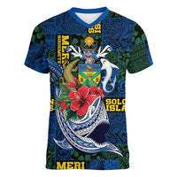Solomon Islands Meri Kirihimete Women V-Neck T-Shirt Funny Santa Riding Shark LT9 Female Blue - Polynesian Pride