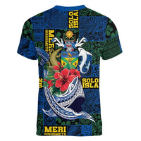Solomon Islands Meri Kirihimete Women V-Neck T-Shirt Funny Santa Riding Shark LT9 - Polynesian Pride