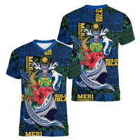 Solomon Islands Meri Kirihimete Women V-Neck T-Shirt Funny Santa Riding Shark LT9 - Polynesian Pride