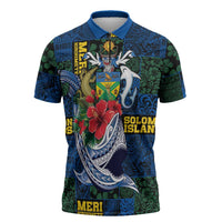 Solomon Islands Meri Kirihimete Zipper Polo Shirt Funny Santa Riding Shark LT9 Blue - Polynesian Pride