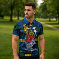 Solomon Islands Meri Kirihimete Zipper Polo Shirt Funny Santa Riding Shark LT9 - Polynesian Pride