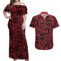 Black Tonga Kilisimasi Fiefia Couples Matching Off Shoulder Maxi Dress and Hawaiian Shirt Pacific Patchwork Xmas Vibes LT9 Black - Polynesian Pride
