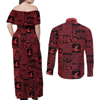 Black Tonga Kilisimasi Fiefia Couples Matching Off Shoulder Maxi Dress and Long Sleeve Button Shirt Pacific Patchwork Xmas Vibes - Polynesian Pride
