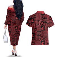 Black Tonga Kilisimasi Fiefia Couples Matching Off The Shoulder Long Sleeve Dress and Hawaiian Shirt Pacific Patchwork Xmas Vibes LT9 - Polynesian Pride