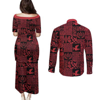 Black Tonga Kilisimasi Fiefia Couples Matching Puletasi and Long Sleeve Button Shirt Pacific Patchwork Xmas Vibes - Polynesian Pride
