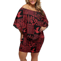 Black Tonga Kilisimasi Fiefia Off Shoulder Short Dress Pacific Patchwork Xmas Vibes - Polynesian Pride