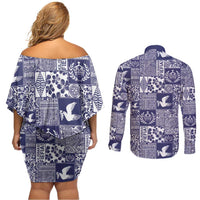 Blue Tonga Kilisimasi Fiefia Couples Matching Off Shoulder Short Dress and Long Sleeve Button Shirt Pacific Patchwork Xmas Vibes - Polynesian Pride