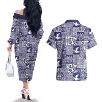 Blue Tonga Kilisimasi Fiefia Couples Matching Off The Shoulder Long Sleeve Dress and Hawaiian Shirt Pacific Patchwork Xmas Vibes - Polynesian Pride