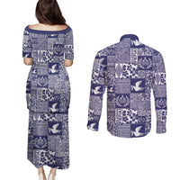 Blue Tonga Kilisimasi Fiefia Couples Matching Puletasi and Long Sleeve Button Shirt Pacific Patchwork Xmas Vibes - Polynesian Pride