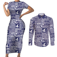 Blue Tonga Kilisimasi Fiefia Couples Matching Short Sleeve Bodycon Dress and Long Sleeve Button Shirt Pacific Patchwork Xmas Vibes LT9 Blue - Polynesian Pride