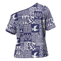 Blue Tonga Kilisimasi Fiefia Cross Shoulder Shirt Pacific Patchwork Xmas Vibes - Polynesian Pride