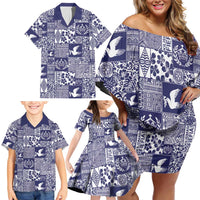 Blue Tonga Kilisimasi Fiefia Family Matching Off Shoulder Short Dress and Hawaiian Shirt Pacific Patchwork Xmas Vibes - Polynesian Pride