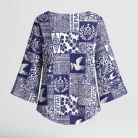 Blue Tonga Kilisimasi Fiefia Kimono Sleeve Blouse Pacific Patchwork Xmas Vibes - Polynesian Pride