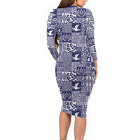 Blue Tonga Kilisimasi Fiefia Long Sleeve Bodycon Dress Pacific Patchwork Xmas Vibes - Polynesian Pride