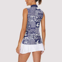 Blue Tonga Kilisimasi Fiefia Women Sleeveless Polo Shirt Pacific Patchwork Xmas Vibes - Polynesian Pride