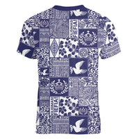 Blue Tonga Kilisimasi Fiefia Women V-Neck T-Shirt Pacific Patchwork Xmas Vibes - Polynesian Pride