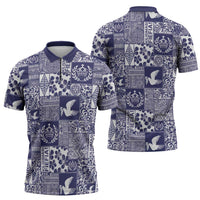 Blue Tonga Kilisimasi Fiefia Zipper Polo Shirt Pacific Patchwork Xmas Vibes - Polynesian Pride