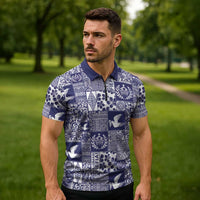 Blue Tonga Kilisimasi Fiefia Zipper Polo Shirt Pacific Patchwork Xmas Vibes - Polynesian Pride