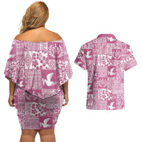 Pink Tonga Kilisimasi Fiefia Couples Matching Off Shoulder Short Dress and Hawaiian Shirt Pacific Patchwork Xmas Vibes LT9 - Polynesian Pride