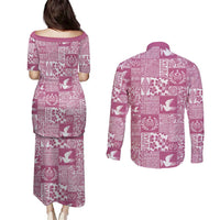 Pink Tonga Kilisimasi Fiefia Couples Matching Puletasi and Long Sleeve Button Shirt Pacific Patchwork Xmas Vibes - Polynesian Pride