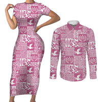 Pink Tonga Kilisimasi Fiefia Couples Matching Short Sleeve Bodycon Dress and Long Sleeve Button Shirt Pacific Patchwork Xmas Vibes LT9 Pink - Polynesian Pride