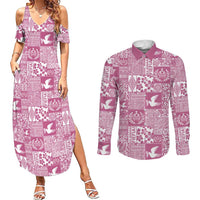 Pink Tonga Kilisimasi Fiefia Couples Matching Summer Maxi Dress and Long Sleeve Button Shirt Pacific Patchwork Xmas Vibes LT9 Pink - Polynesian Pride