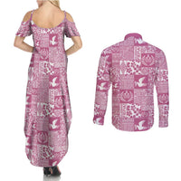 Pink Tonga Kilisimasi Fiefia Couples Matching Summer Maxi Dress and Long Sleeve Button Shirt Pacific Patchwork Xmas Vibes - Polynesian Pride