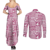 Pink Tonga Kilisimasi Fiefia Couples Matching Summer Maxi Dress and Long Sleeve Button Shirt Pacific Patchwork Xmas Vibes LT9 - Polynesian Pride
