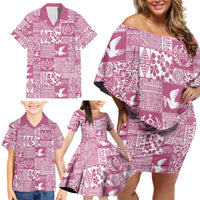 Pink Tonga Kilisimasi Fiefia Family Matching Off Shoulder Short Dress and Hawaiian Shirt Pacific Patchwork Xmas Vibes - Polynesian Pride