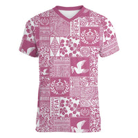 Pink Tonga Kilisimasi Fiefia Women V-Neck T-Shirt Pacific Patchwork Xmas Vibes LT9 Female Pink - Polynesian Pride