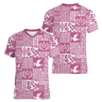 Pink Tonga Kilisimasi Fiefia Women V-Neck T-Shirt Pacific Patchwork Xmas Vibes LT9 - Polynesian Pride
