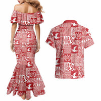 Red Tonga Kilisimasi Fiefia Couples Matching Mermaid Dress and Hawaiian Shirt Pacific Patchwork Xmas Vibes LT9 - Polynesian Pride