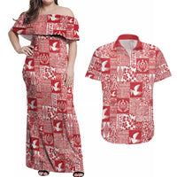 Red Tonga Kilisimasi Fiefia Couples Matching Off Shoulder Maxi Dress and Hawaiian Shirt Pacific Patchwork Xmas Vibes - Polynesian Pride