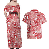 Red Tonga Kilisimasi Fiefia Couples Matching Off Shoulder Maxi Dress and Hawaiian Shirt Pacific Patchwork Xmas Vibes LT9 - Polynesian Pride