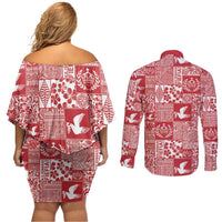 Red Tonga Kilisimasi Fiefia Couples Matching Off Shoulder Short Dress and Long Sleeve Button Shirt Pacific Patchwork Xmas Vibes - Polynesian Pride