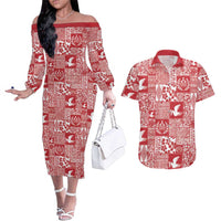Red Tonga Kilisimasi Fiefia Couples Matching Off The Shoulder Long Sleeve Dress and Hawaiian Shirt Pacific Patchwork Xmas Vibes LT9 Red - Polynesian Pride