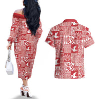 Red Tonga Kilisimasi Fiefia Couples Matching Off The Shoulder Long Sleeve Dress and Hawaiian Shirt Pacific Patchwork Xmas Vibes LT9 - Polynesian Pride