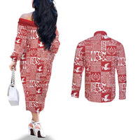 Red Tonga Kilisimasi Fiefia Couples Matching Off The Shoulder Long Sleeve Dress and Long Sleeve Button Shirt Pacific Patchwork Xmas Vibes - Polynesian Pride