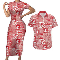 Red Tonga Kilisimasi Fiefia Couples Matching Short Sleeve Bodycon Dress and Hawaiian Shirt Pacific Patchwork Xmas Vibes LT9 Red - Polynesian Pride