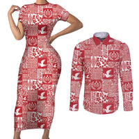 Red Tonga Kilisimasi Fiefia Couples Matching Short Sleeve Bodycon Dress and Long Sleeve Button Shirt Pacific Patchwork Xmas Vibes - Polynesian Pride