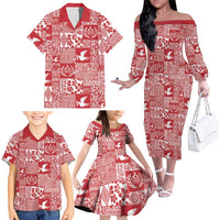 Red Tonga Kilisimasi Fiefia Family Matching Off The Shoulder Long Sleeve Dress and Hawaiian Shirt Pacific Patchwork Xmas Vibes - Polynesian Pride