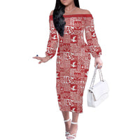 Red Tonga Kilisimasi Fiefia Family Matching Off The Shoulder Long Sleeve Dress and Hawaiian Shirt Pacific Patchwork Xmas Vibes - Polynesian Pride