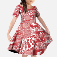 Red Tonga Kilisimasi Fiefia Family Matching Off Shoulder Short Dress and Hawaiian Shirt Pacific Patchwork Xmas Vibes - Polynesian Pride